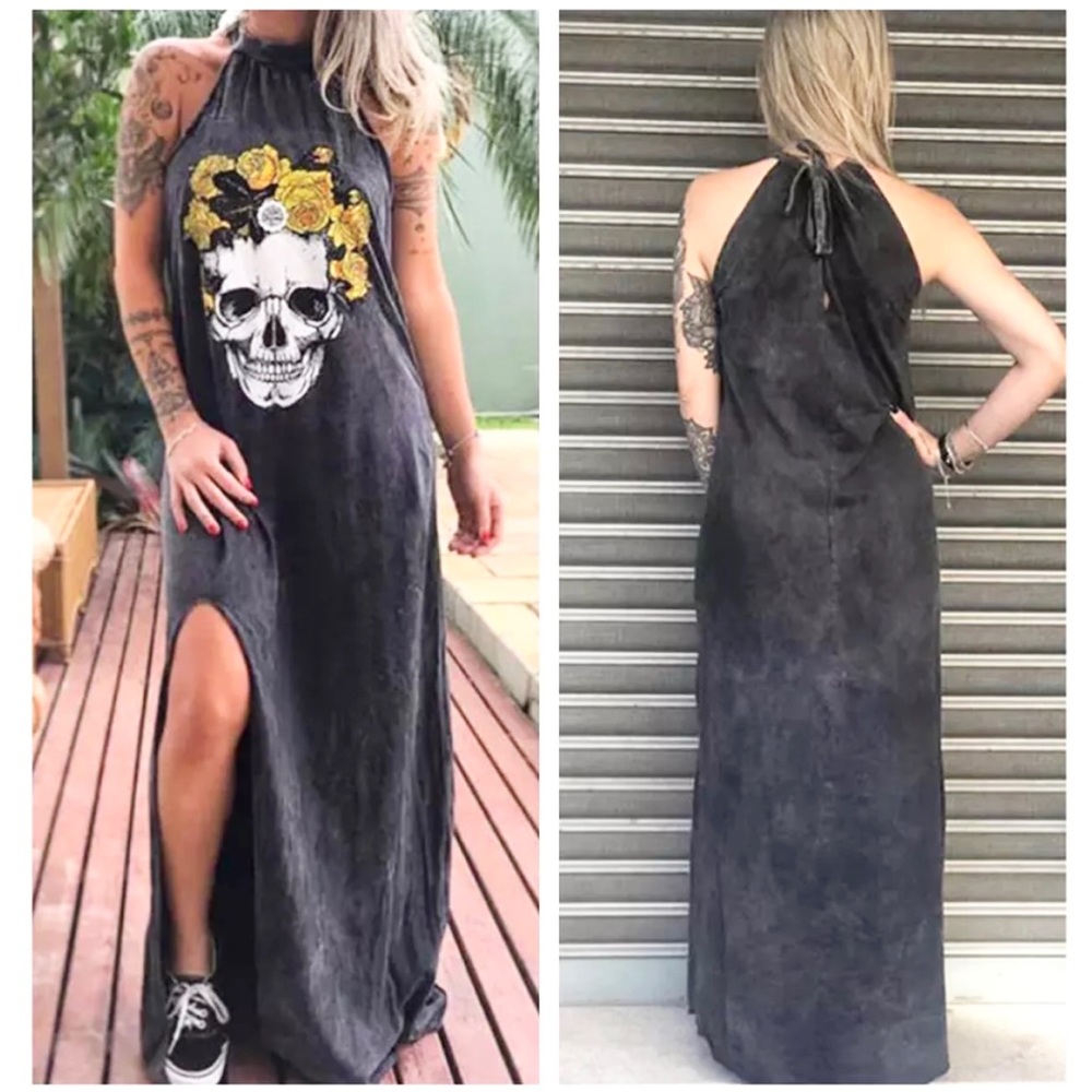 Skull & Roses Maxi Dress NEW Charcoal Gray